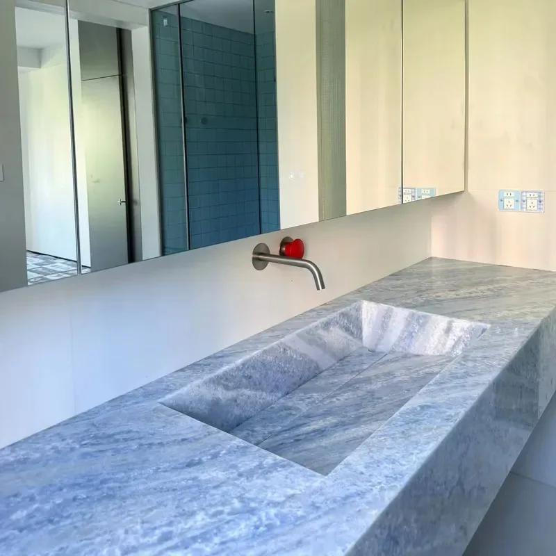 Modern Luxury Blue Crystal Natural Stone Integrated Sink Bathroom Cabinet Custom Solid Wood Vanity