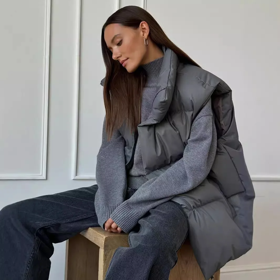 Parka sans manches à col montant pour femme, couleur unie, fermeture éclair, décontractée, tendance, nouvelle mode américaine et européenne, hiver automne
