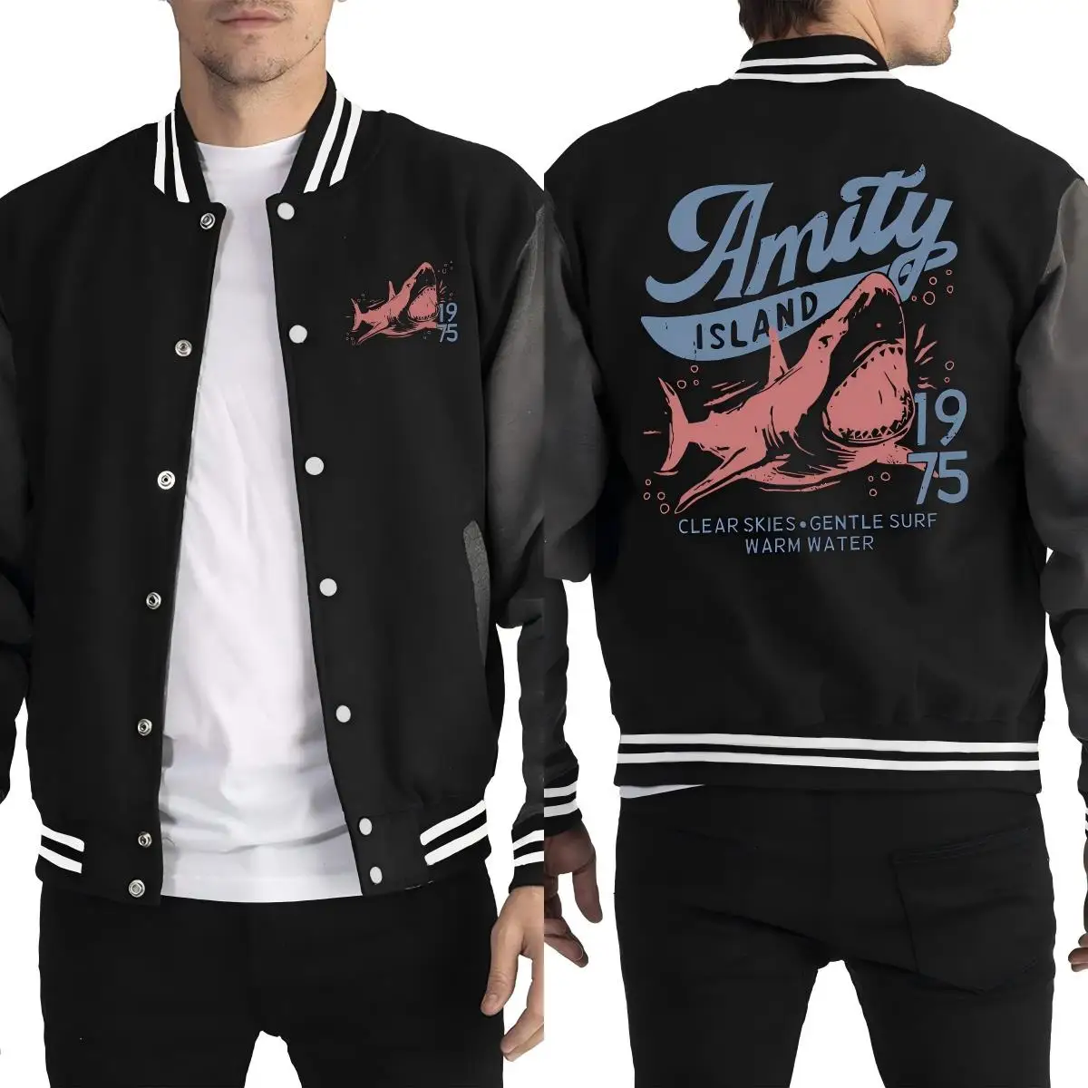 

Мужская бейсбольная форма с принтом акулы Amity Island 1985, осенняя спортивная одежда, флисовая американская уличная одежда, свободная куртка