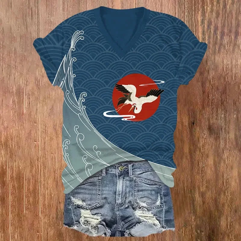 Japanese Vintage Wave Pattern & Crane Print V-neck T-shirt Summer Women's T Shirts