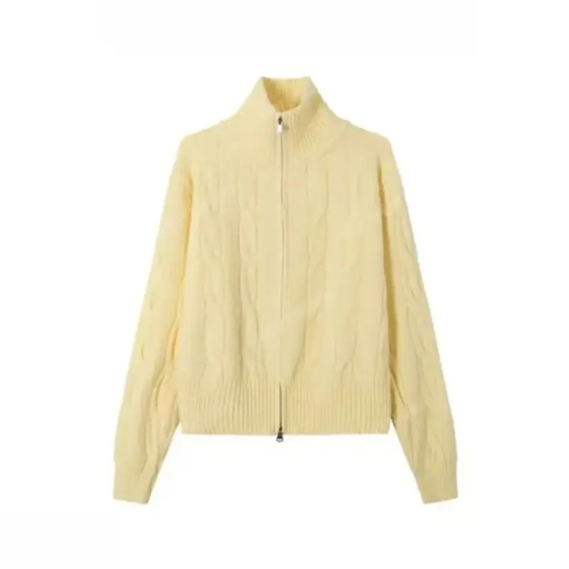 Einfarbige Tweed-Strickjacke mit doppeltem Reißverschluss und Stehkragen für Damen im Winter 2026, neuer Stil, modische, gut aussehende französische Pullovermäntel