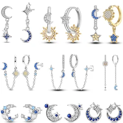 Women's Shiny 925 Sterling Silver Star Moon Sun Gold Original Design Trendy Earrings Fit Wedding Party Exquisite Jewelry Gift