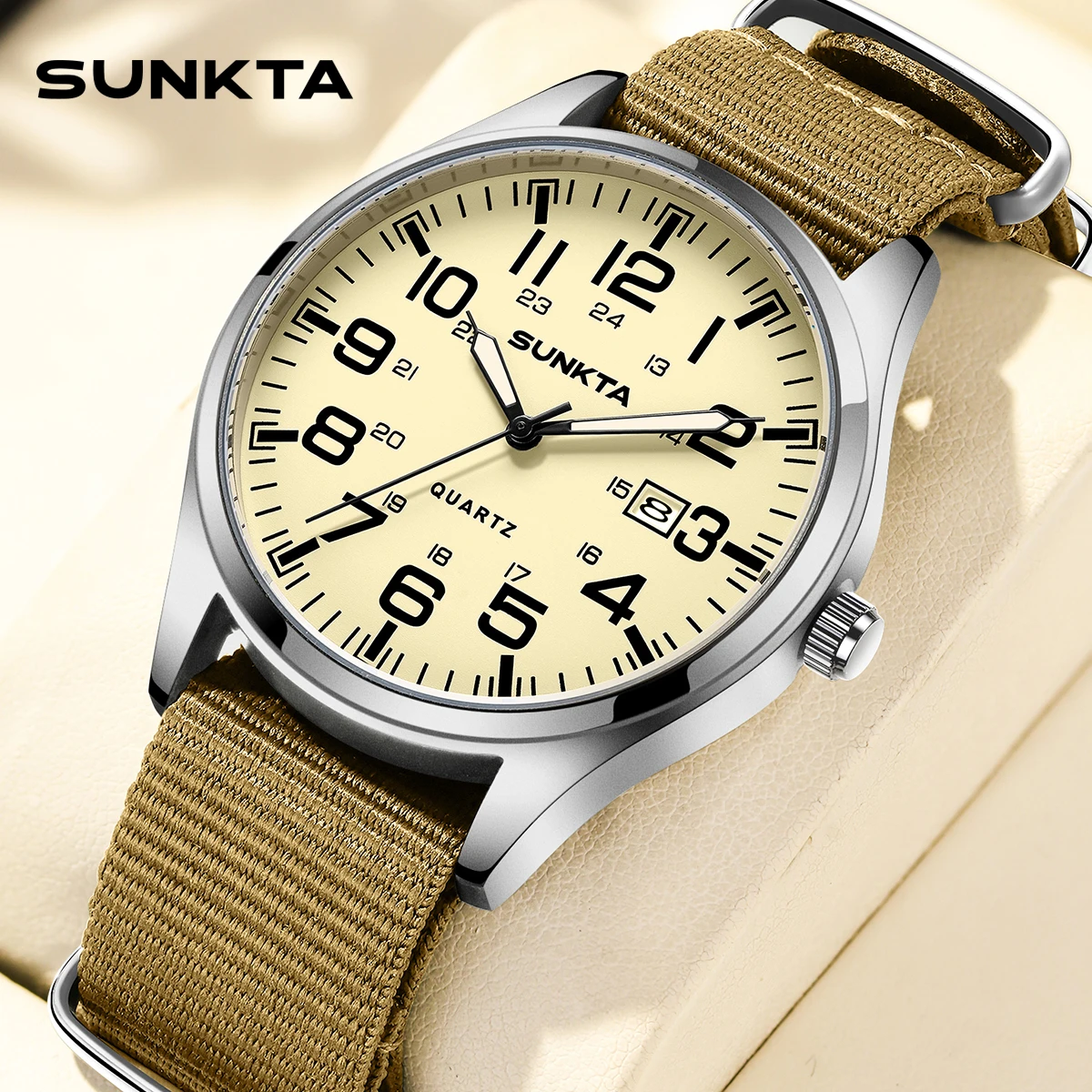 SUNKTA Brand Luxury Men Quartz Date Watch Nylon Leather Waterproof Luminous Military Sports Watches For Men relogios masculino