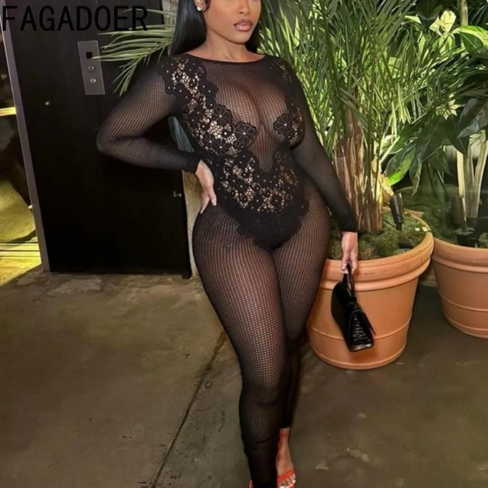 

FAGADOER Black Sexy Hollow Perspective Bodycon Jumpsuits Women Round Neck Long Sleeve Slim Playsuits Fashion Thick Lace Overalls