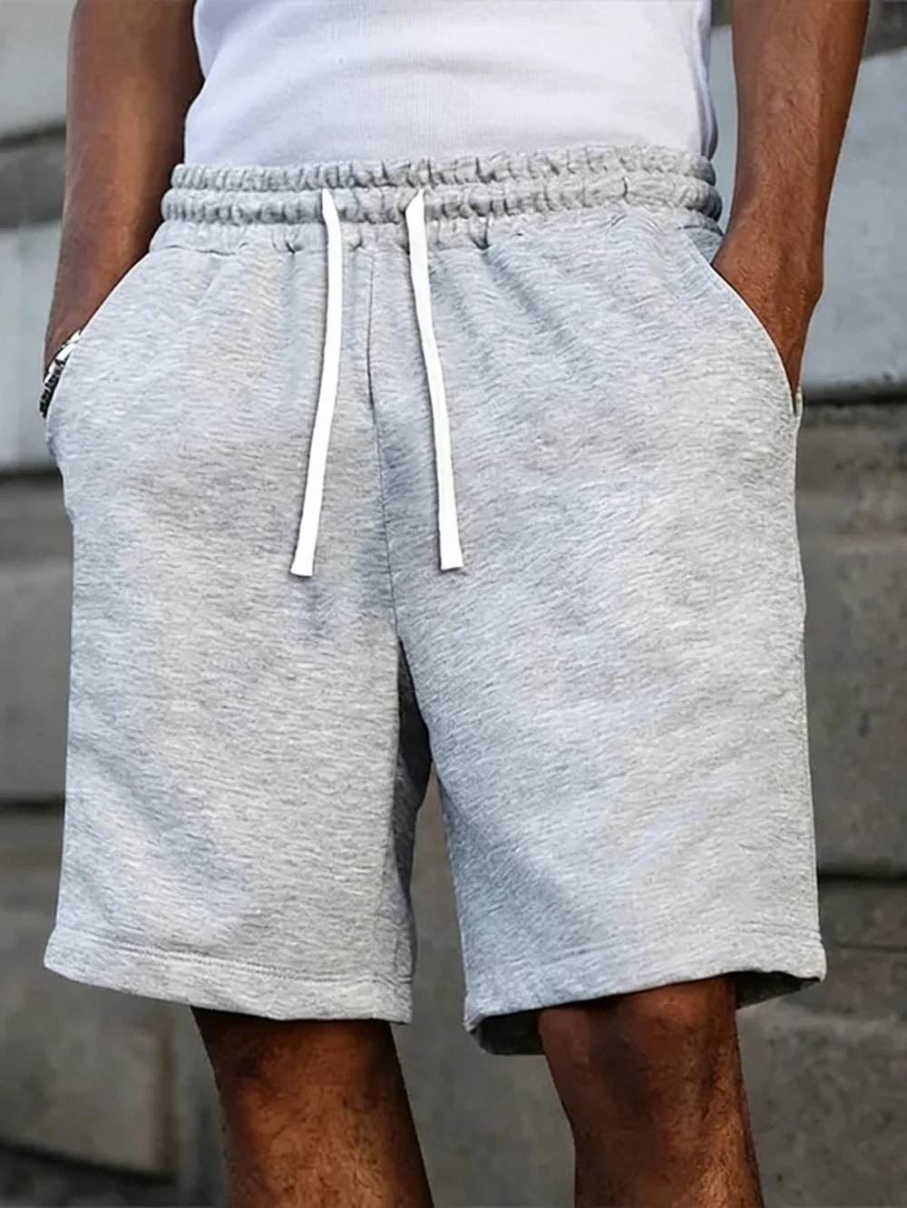 Men's solid color drawstring loose straight leg shorts versatile basic knit sports pants simple casual street style sports