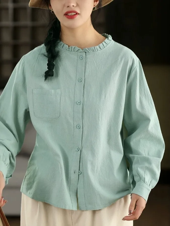 

Slimming Casual Long Sleeve Retro Collar Women's Shirt Versatile Spring Autumn New Style Comfortable Cotton Loose Fit Shirt