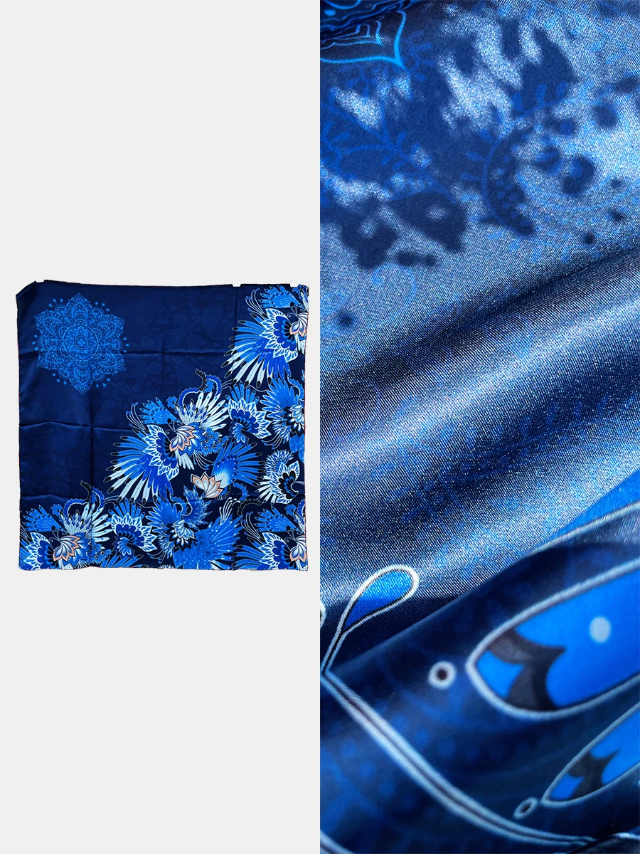 Luxury Blue 100% Mulberry Silk Scarf Women Handrolled Edges Shawls Bandanas Tops Accessories Hair Neck Scarves Foulard 110cm