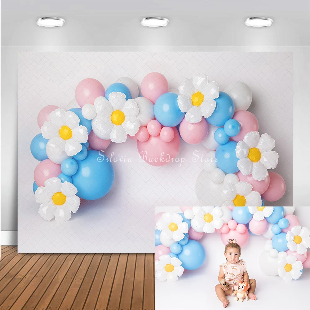 

Daisies with Pink Blue Balloons Photo Background Children Birthday Cake Smash Photography Backdrop Boho Kids Photo Studio Props