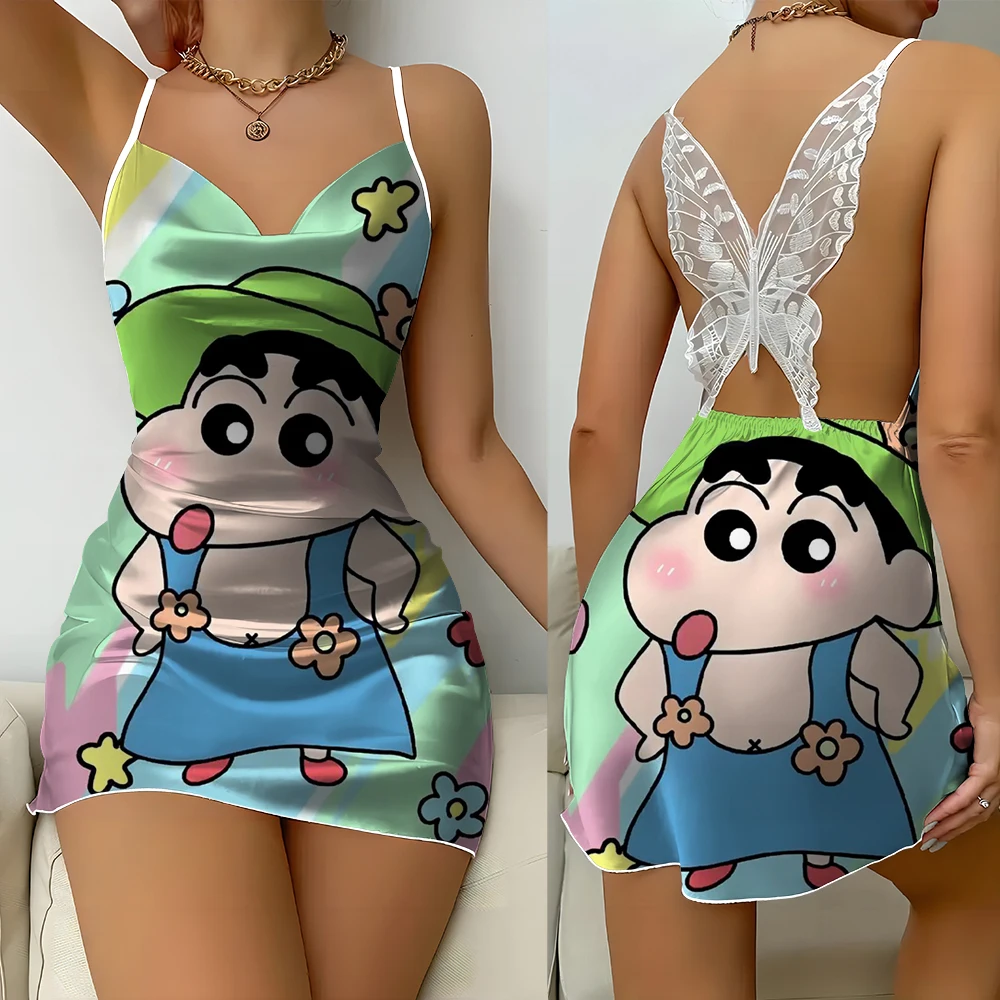 Krayon motif kartun Anime Crayon shin-chan rok suspender punggung terbuka renda kupu-kupu seksi santai dan nyaman