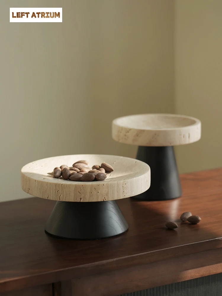

Marble Salad Bread Fruit Tray with Stand Luxury Travertine Pedestal Bowl for Table Decor and Kitchen Counter