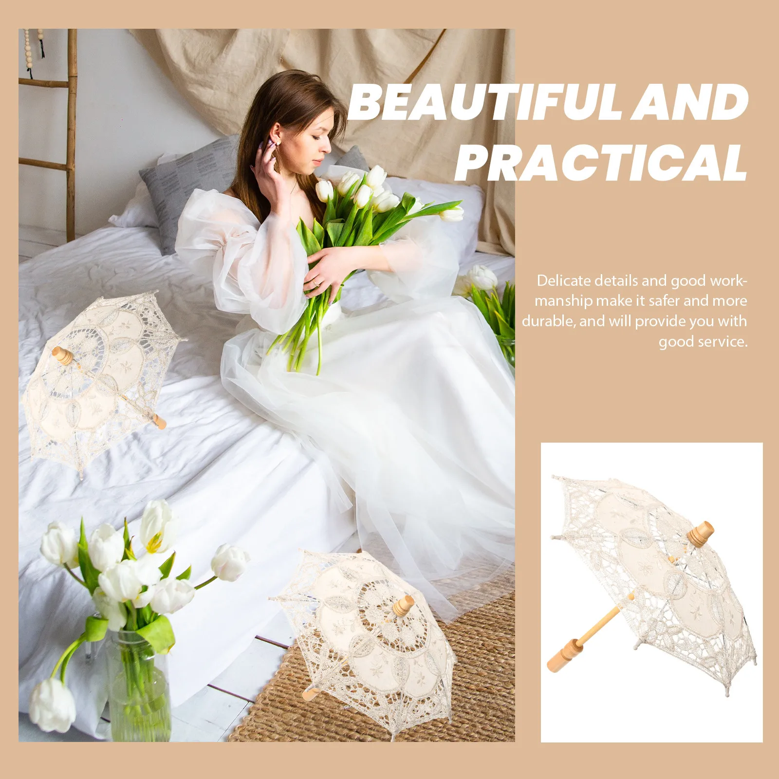 

Elegant Lace Parasol Umbrella Wood Handle Wedding Photography Prop Bridal Decoration Vintage Lace Umbrella for Women Bridesmaids