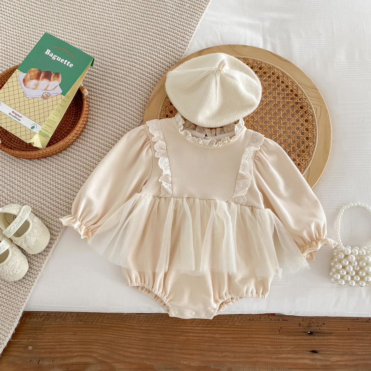 Ready Stock Newborn Jumpsuit Baby Girls Drawstring Long Sleeves Lace Collar Gauze Hemline Romper 0-2 Years Old
