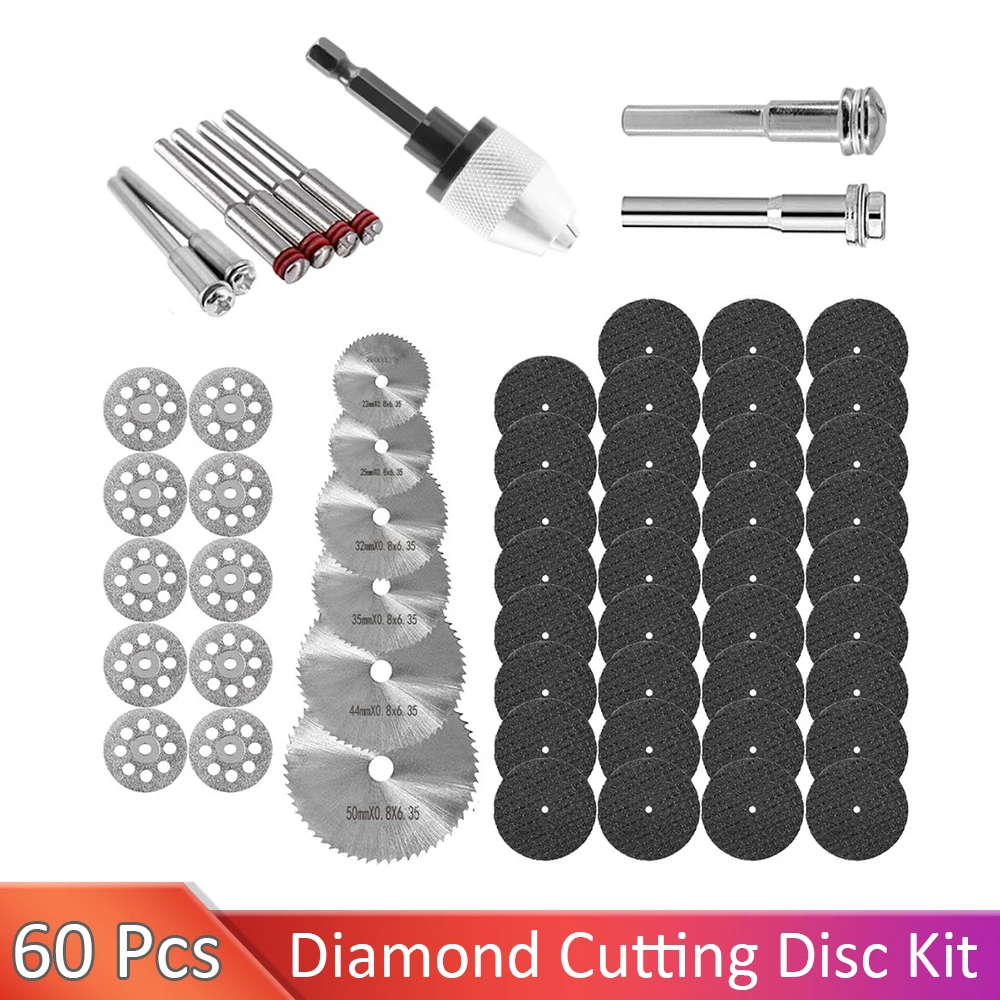 60Pcs Rotary Cutting Wheels Tool Kit Diamond Cutting Kit with Mandrels for Wood Glass Plastic Stone Metal