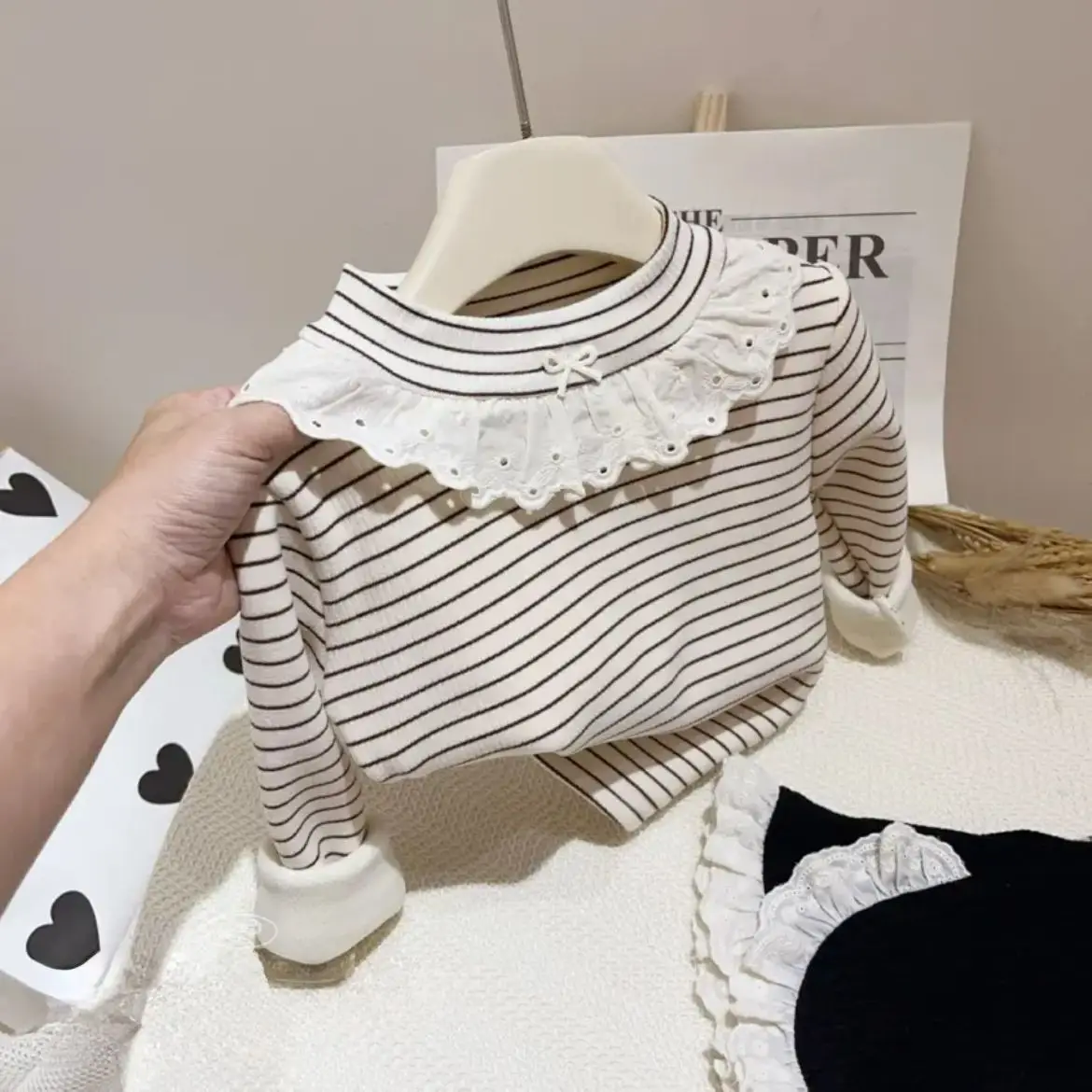 Striped Top for Autumn and Winter Girls, Fashionable and Stylish Versatile Top, Long Sleeved Striped Lace Top As Base