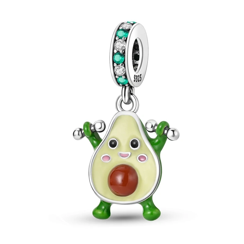 925 Sterling Silver Pendant Dumbbell Avocado Fitness Fruit Green Dangle Charm Fit Bracelet Diy Jewelry For Woman