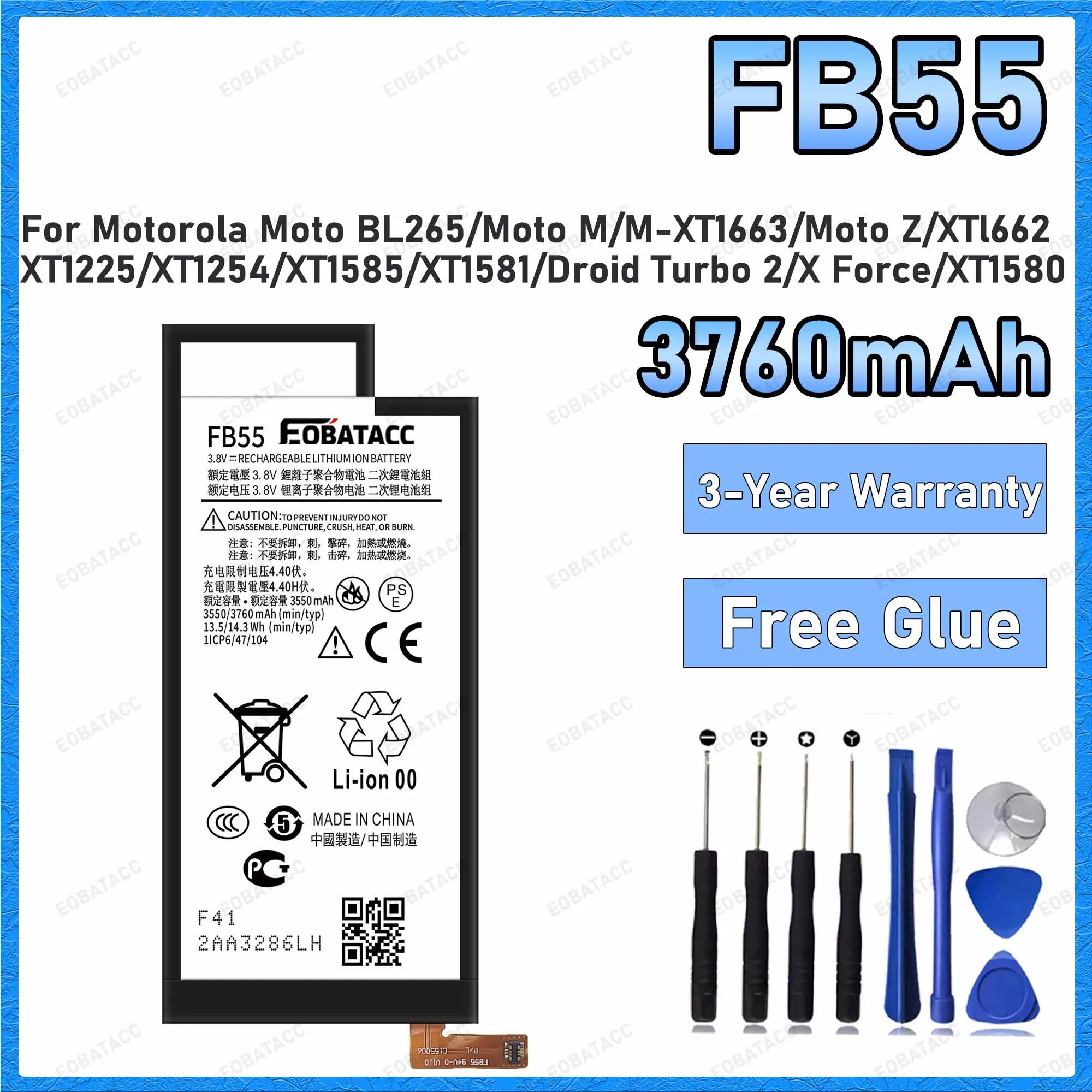 100% New High Quality 3760mAh FB55 Battery For Motorola Moto M/M-XT1663/Moto Z Batteries+Free Tools