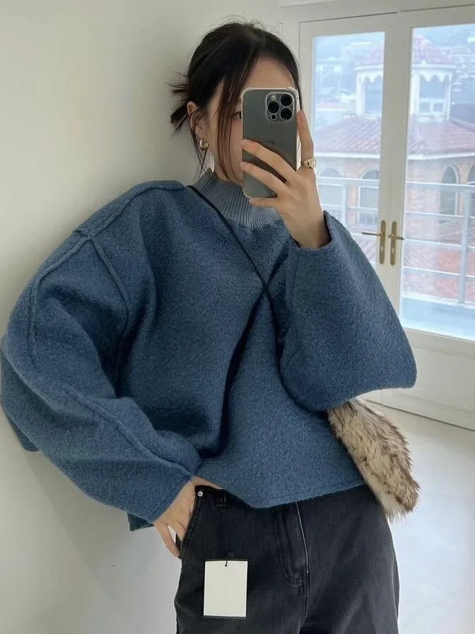 2026 Dongdaemun Chic Thickened Sweatshirt Half High Collar Shoulder-Drift Sleeve Simple Match-all Season Women's Korean Style