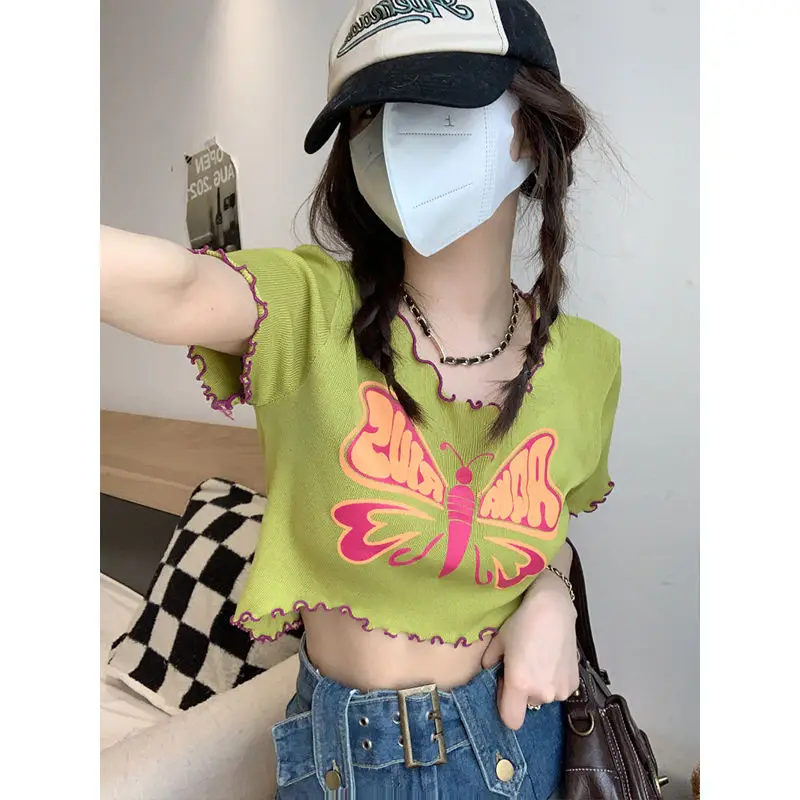 

Nice Summer Trend Printing O-neck Short Sleeve Top Tee Femme Sweet Pleated Pullover Slim Thin T-Shirt Women Clothing Fashion Cro