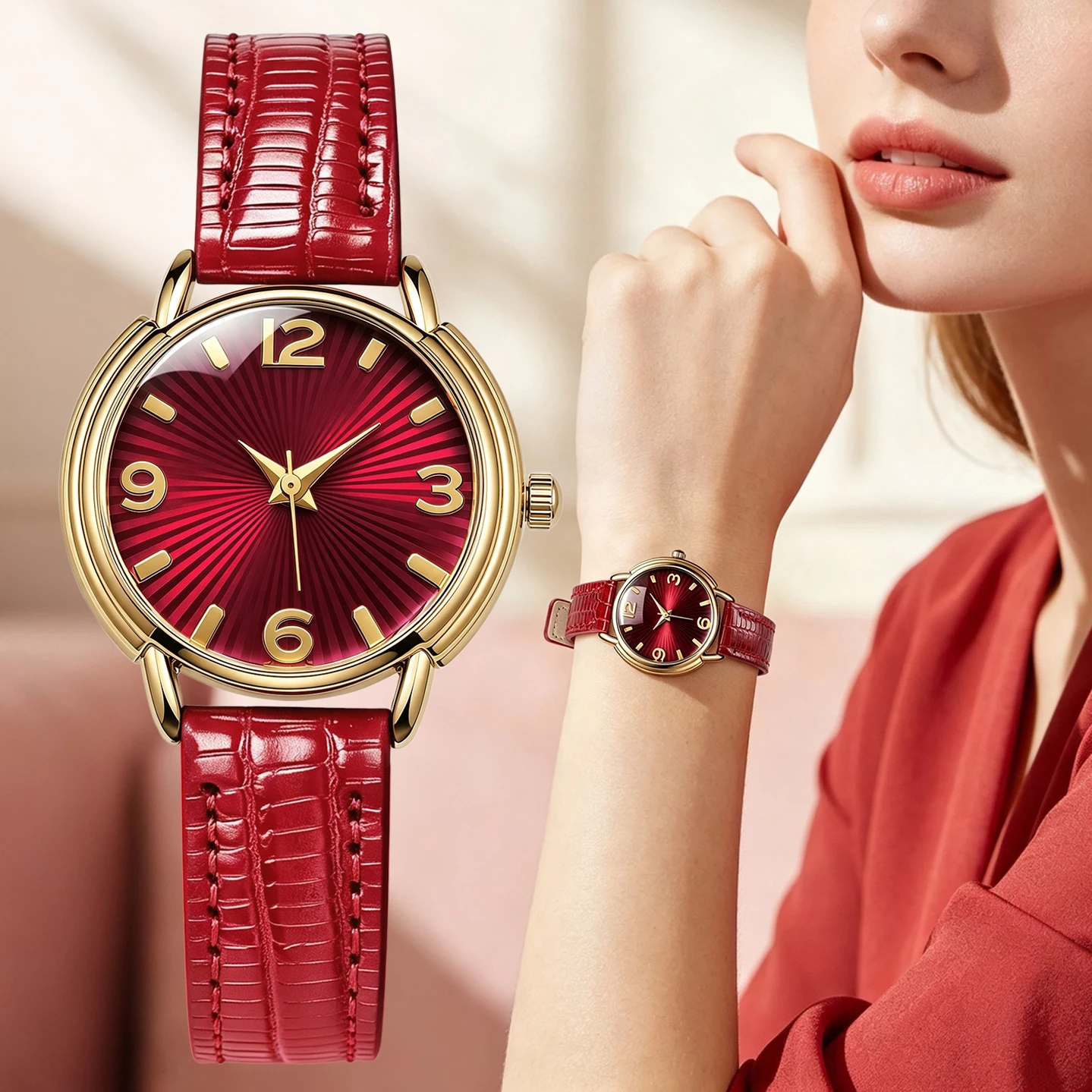 Elegant Ladies Quartz Watch Golden Round Case Crocodile Pattern Red Leather Strap Vintage Women Watches