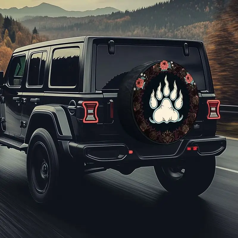 Tire Cover, Polyester Fiber, Circular Pattern, Dark Teal Background, Light Beige Paw Prints, Light Blue Outline, Dark Brown Flor