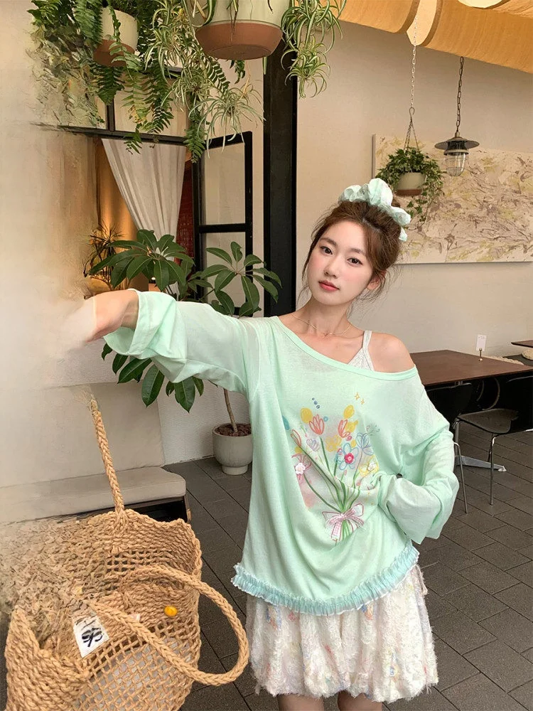 

Женский летний топ COK с ручной росписью в виде цветочного букета, прозрачный, с открытыми плечами, с завязками, тонкий, с длинными рукавами