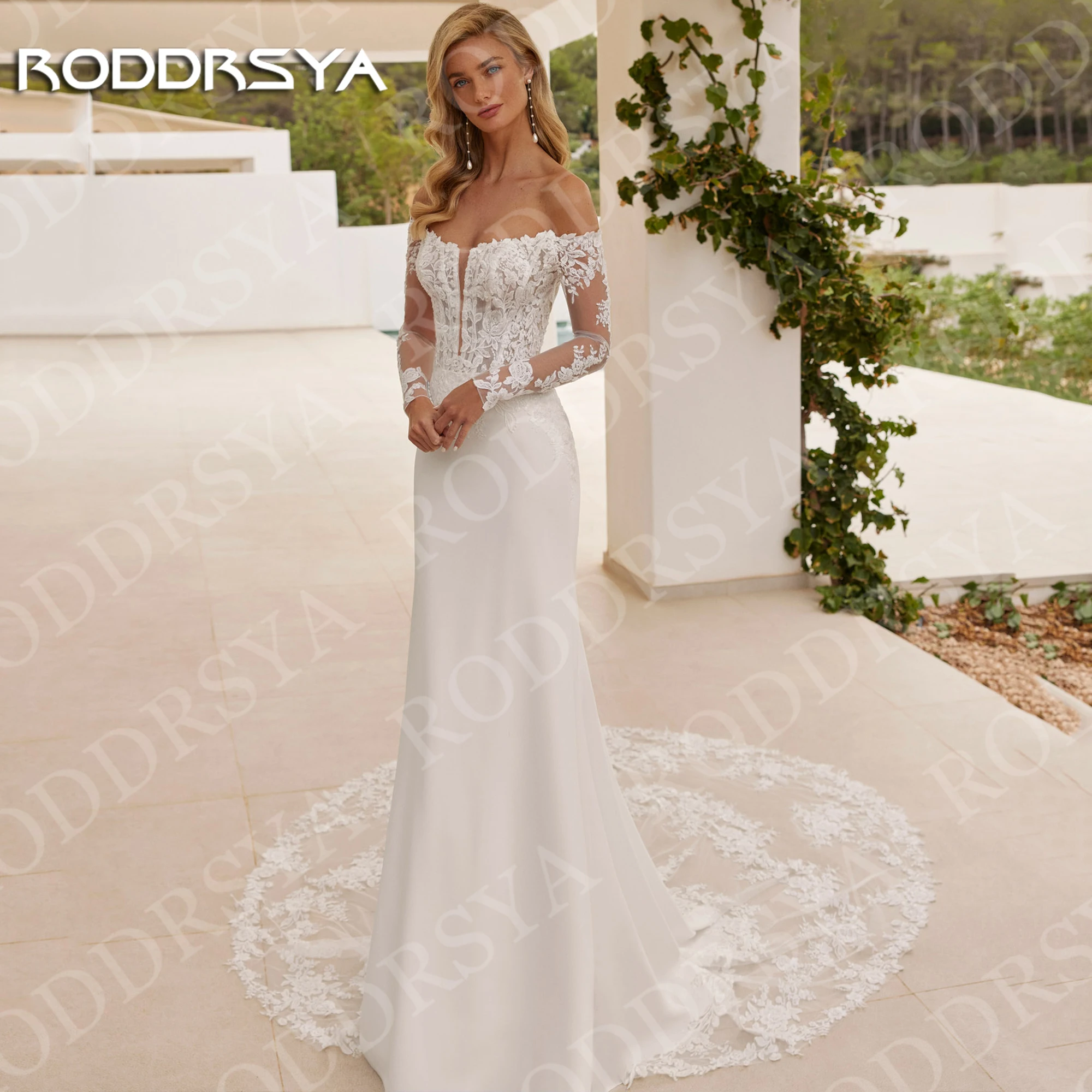 RODDRSYA-vestido de novia estilo sirena con hombros descubiertos vestidos de novia con apliques de encaje y manga larga vestidos de novia personalizados Vestido de novia sirena fuera del hombro encaje manga larga vesti