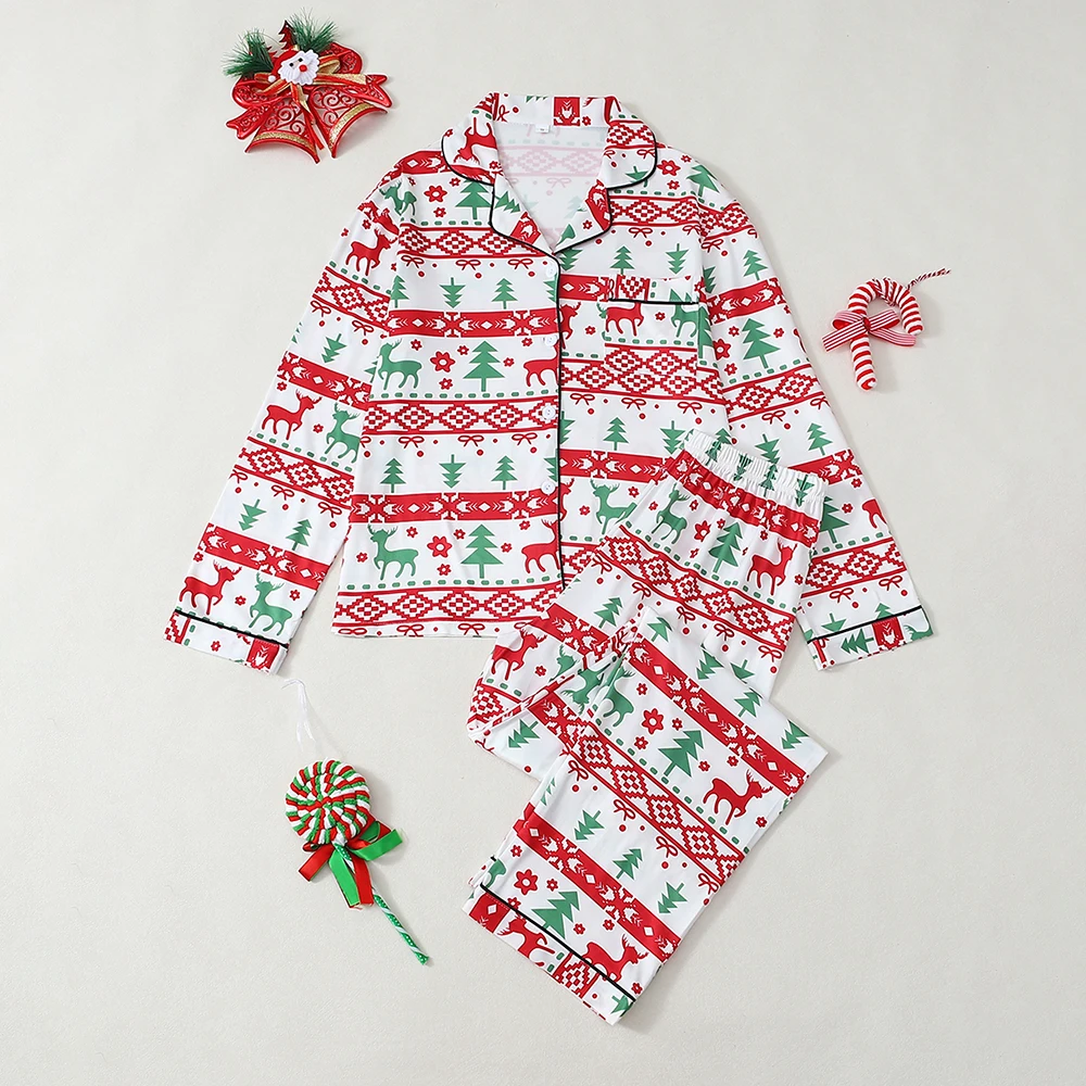 

Женский пижамный комплект с рождественским принтом из 2 предметов, рубашка на пуговицах с длинными рукавами, брюки с эластичной резинкой на талии, мягкая удобная одежда для дома, одежда для сна