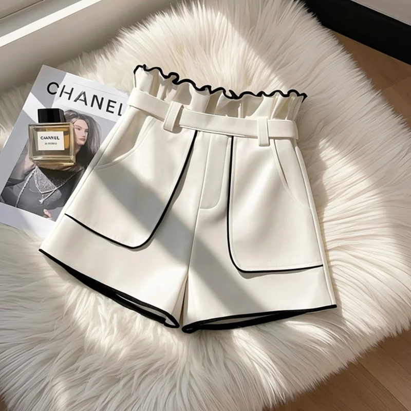 Ladies Simplicity Elegant Ruffles White Shorts Spring New Temperament High Waist Pocket Wide Leg Pants Patchwork Trousers XQ348