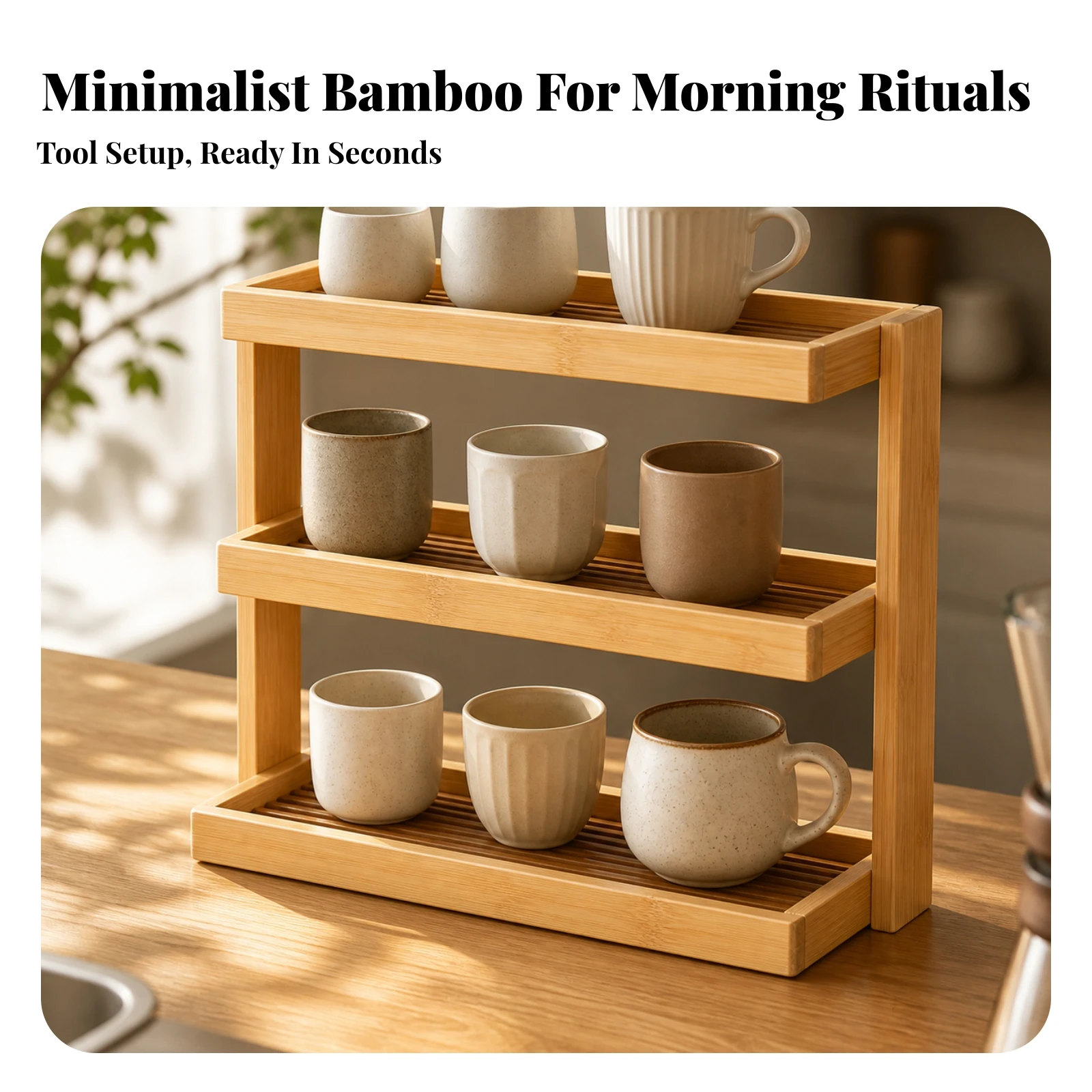 Cup Rack with Bamboo Frame Multipurpose Storage Display Shelf with Acrylic Panels Coffee Bar Shelf No-Drill view 2