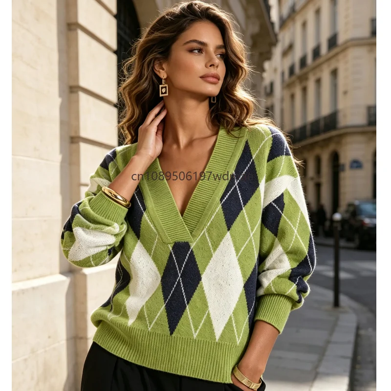 Women V‑Neck Argyle Knit Sweater Long Sleeve Loose Pullover Jumper Vintage Diamond Plaid Casual Autumn Winter Knitwear Tops