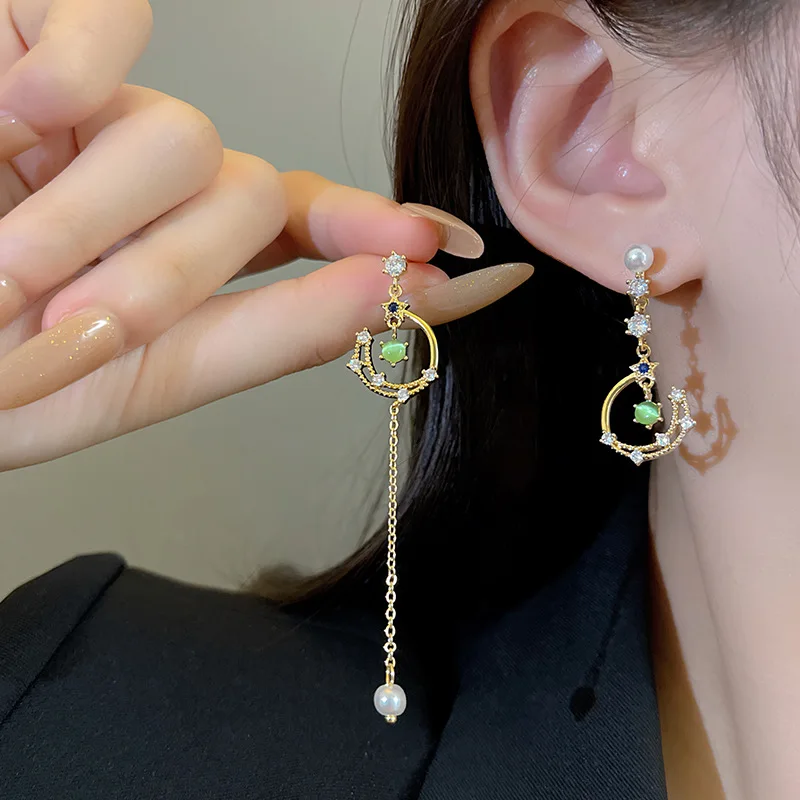 Korean Trend Asymmetric Hollow Moon Tassel Drop Earrings For Women Exquisite Zircon Opal Earring Wedding Jewelry Birthday Gift