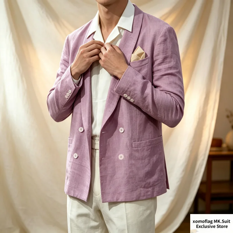 Men's Lightweight Linen Blazer Casual Double‑Breasted Jacket Summer Breathable Beach Wedding Loose Sport Coat Solid Color