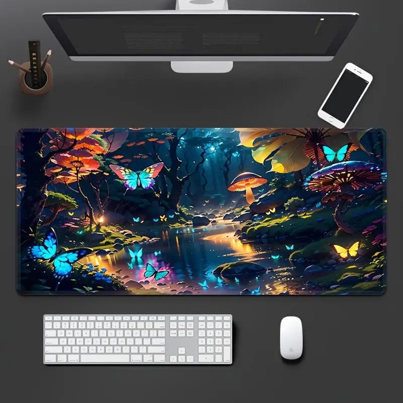 Enchanted Forest Butterfly Mushroom Desk Mat Extra Large Non Slip Rubber Base Gaming Mouse Pad Office