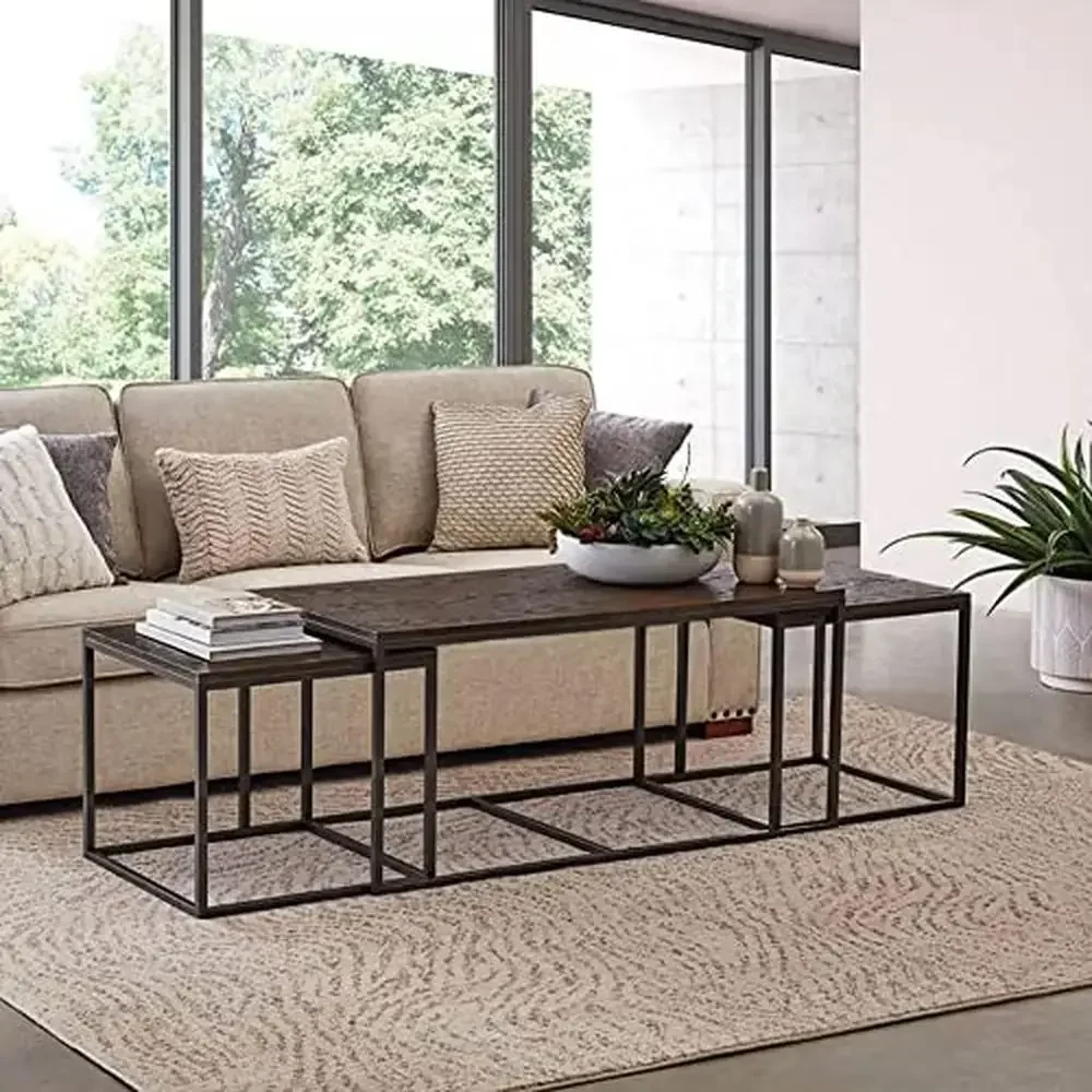 Modern Steel Living Room Coffee Table Set 3pc  Brown Oak Veneer Surface Gray Steel Frame Contemporary Design 48