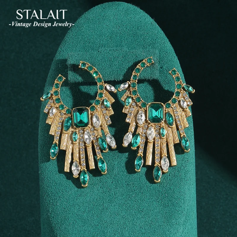 

Vintage Jewelry Large Earrings For Woman 2025 Trending Green Crystal Tassel Luxury Brands Gold Color Antique High Quality