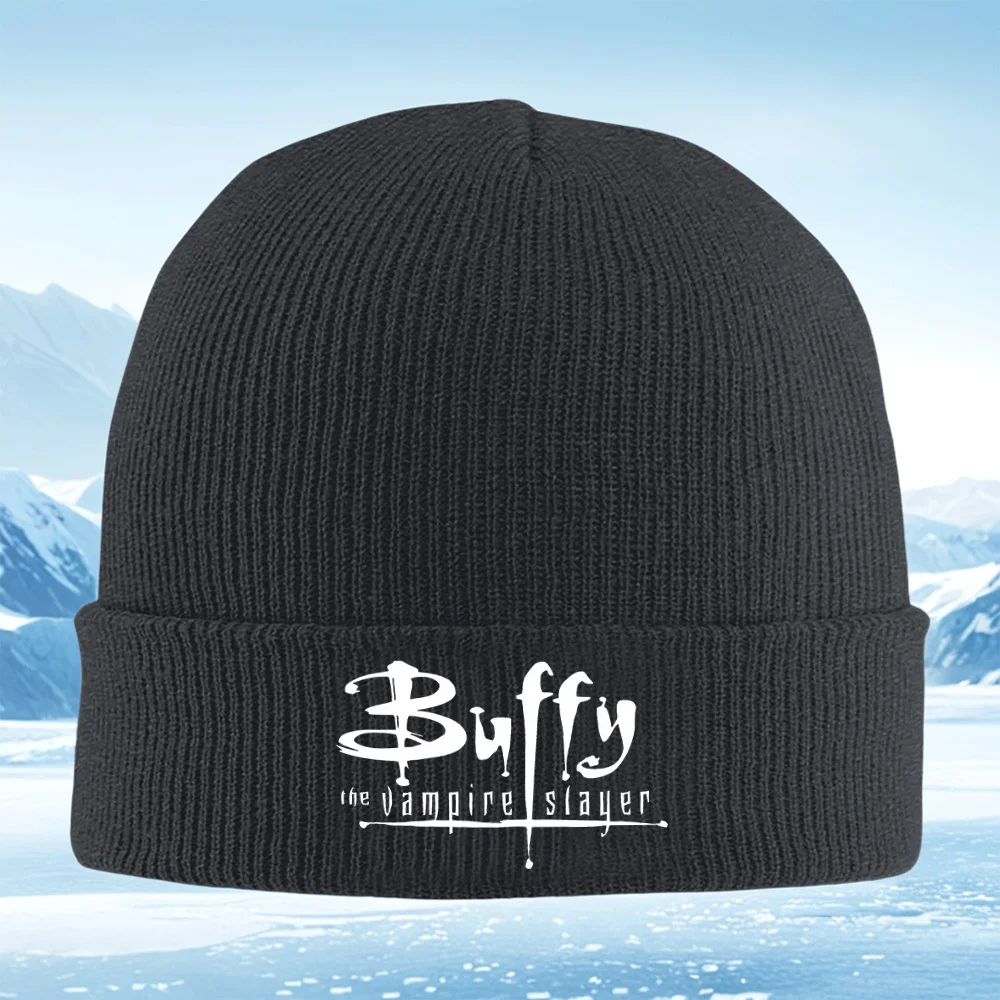 الأبيض بافي مصاص دماء القاتل شعار على الرجال السود النساء للجنسين محبوك قبعة قبعة صغيرة البلوز قبعة الشتاء الحرارية الدافئة عيد الميلاد في الهواء الطلق