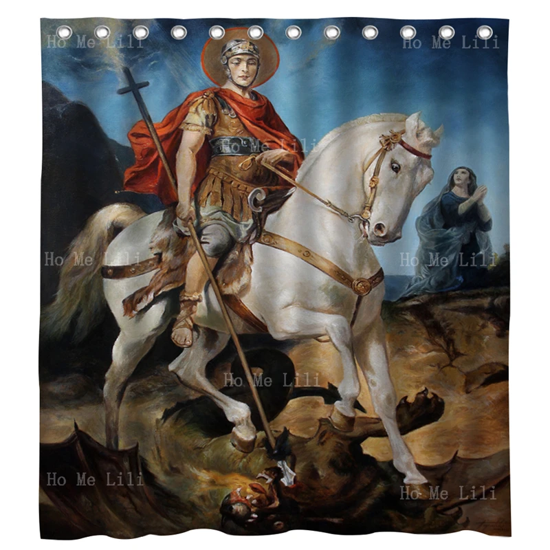 The Legend Of Saint George On Horse Taming And Slaying A Dragon Sacrifices Religious Oil Painting Shower Curtains By Ho Me Lili