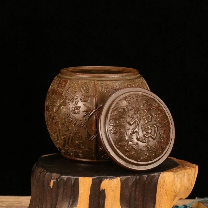 Antique Bronze Copper Hundred Blessings Canister Tea Ceremony Decorative Ornament Vintage Home Storage Caniste
