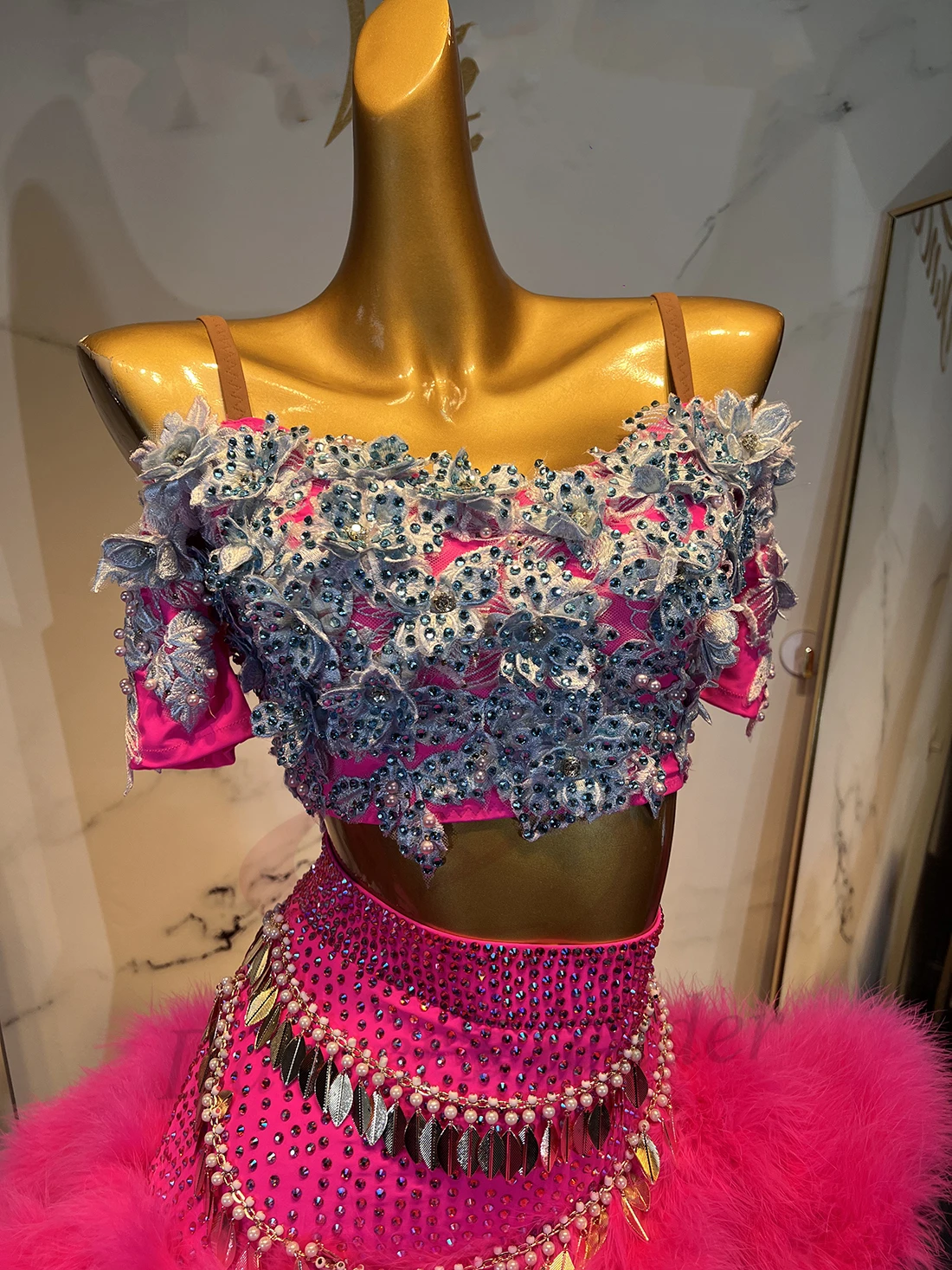 Latin dans volwassen kinderjurk strass high-end aangepaste bloem split pluche rok tango dameskleding