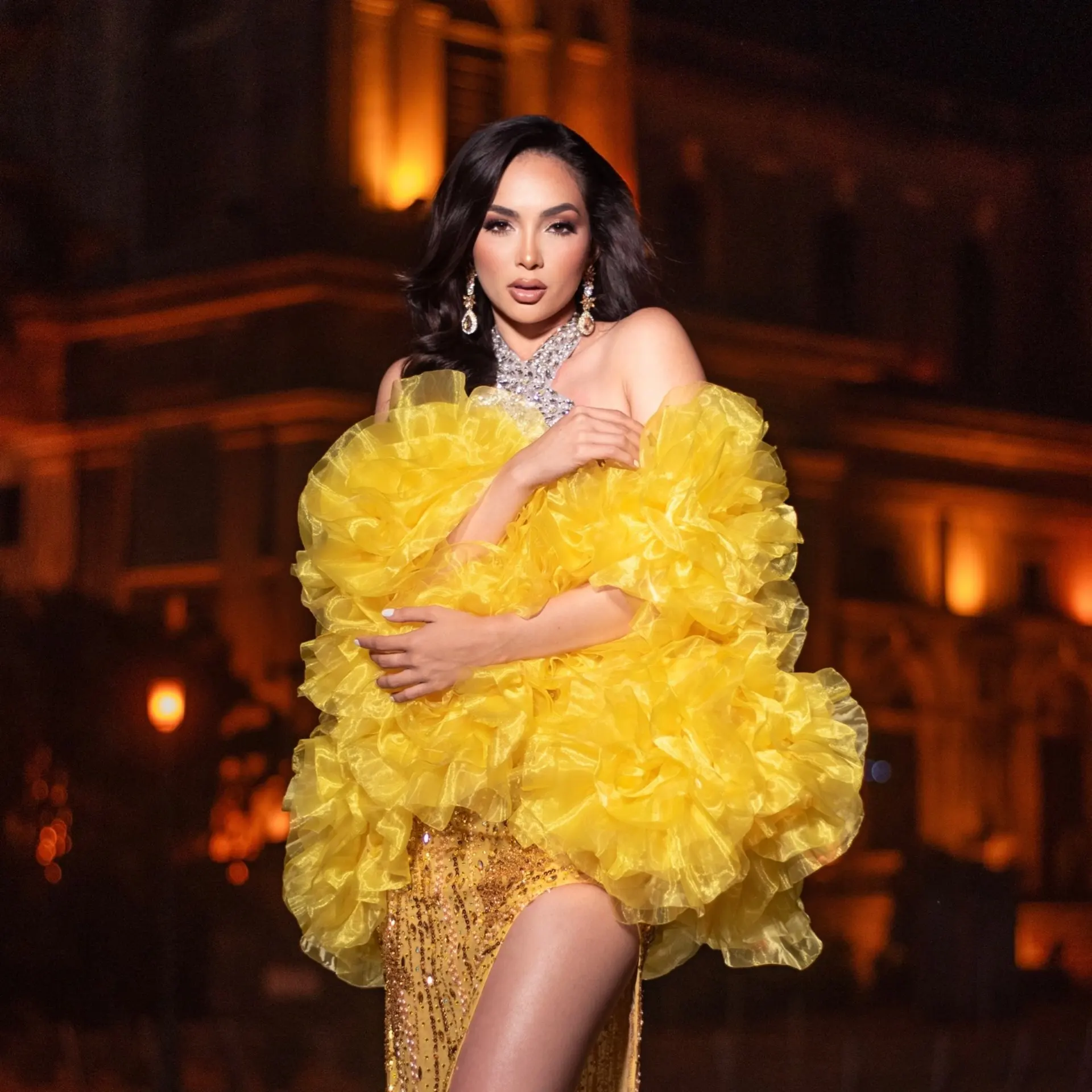 

Women Luxury Yellow Organza Shawl Cape Coat Oversize Piece Layered Ruffled Bolero Jacket Festival Performance Stage Outerwear