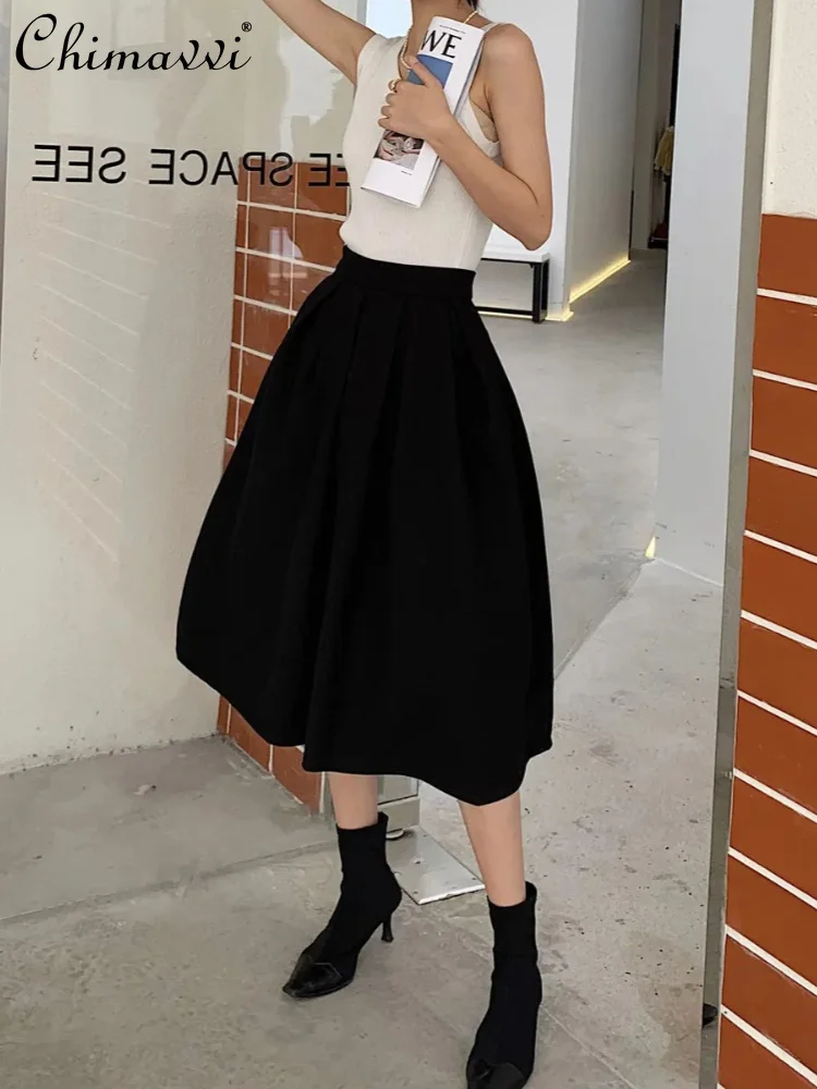 

French Hepburn Style Elegant Temperament Versatile Black Pleated Skirt for Women Summer Fashion High Waist A-line Long Skirts