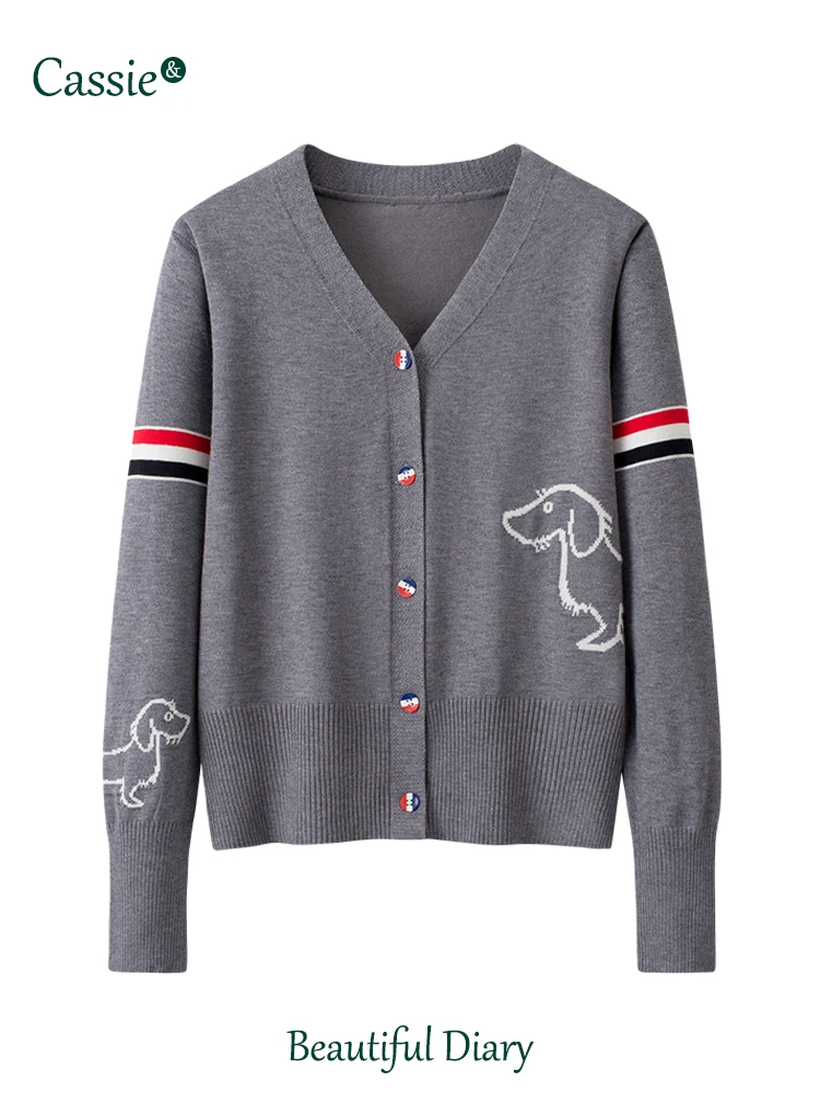 Korean Style V-Neck Knitted Open Cardigan Women's Spring Autumn Thin Outerwear Loose College Style Jacket Embroidered Dog