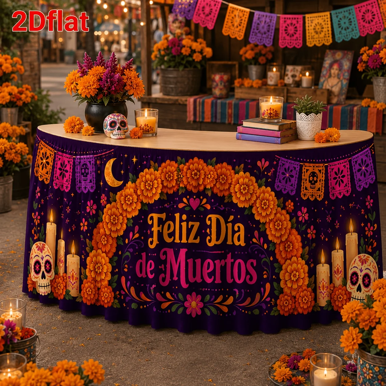 1 piece of tablecloth / table runner Feliz Dia De Muertos (Day of the Dead) sugar skull marigold candlezyc
