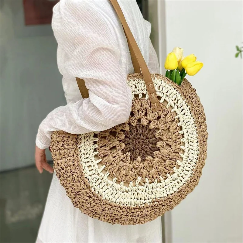 Straw Crochet Round Shoulder New Women's Bag Beach Fashionable Simple Leisure Travel Handbag Totes