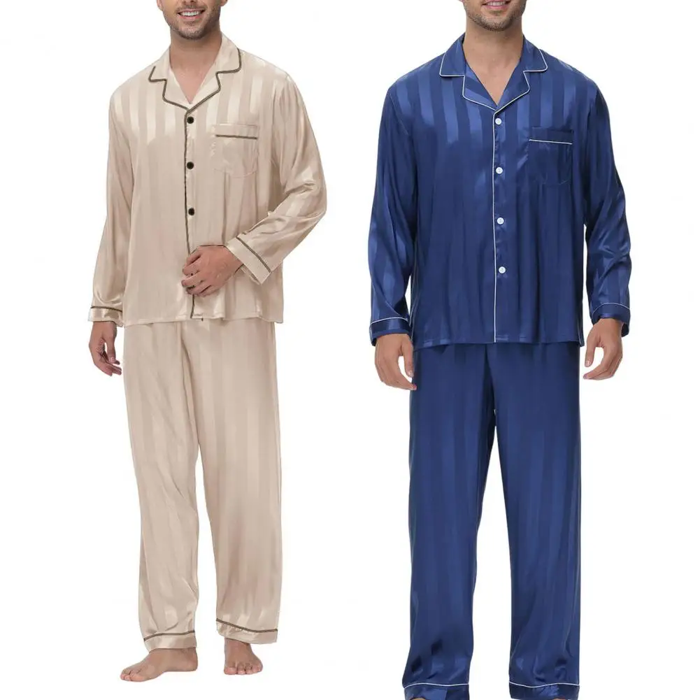 2Pcs/Set Silk Satin Men Pajama Set Button Down Pajama Top with Front Chest Pocket Long Pants Set Comfortable Night Sleepwear