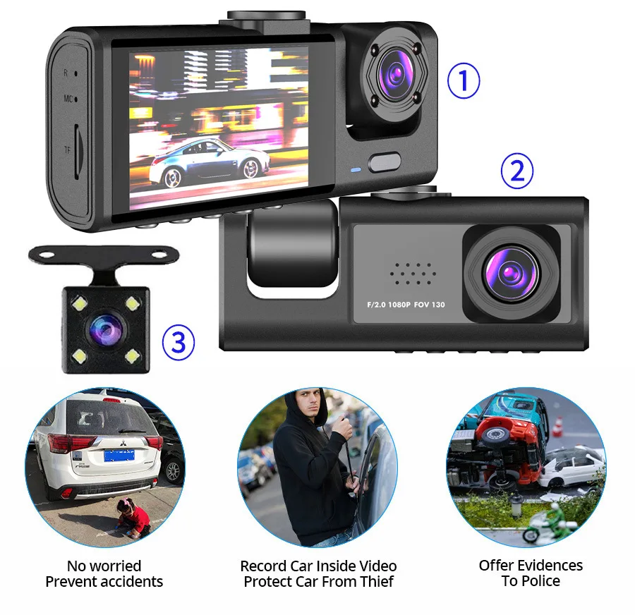 Car DVR New 3 camera  data recorder 1080P wide angle, triple camera car recorder, rear view camera  free shipping