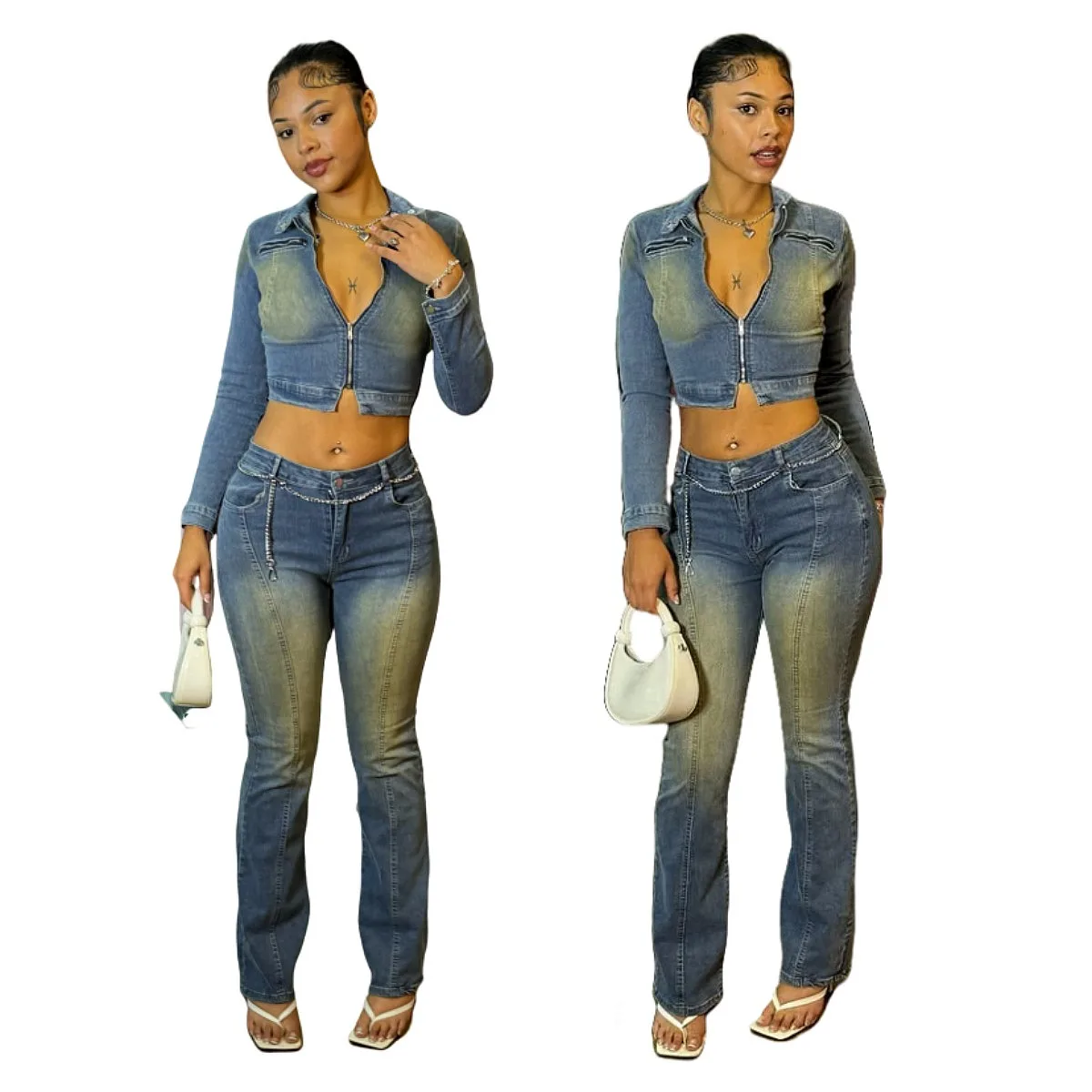 Vintage Flared Denim Matching Set Stretchy Long Sleeve Top Pants Jumpsuit Playsuit