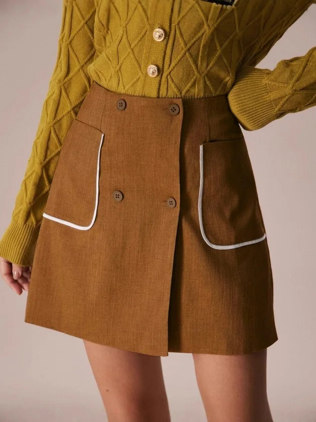 

Women's Button Front A-Line Mini Skirt, High Waist Contrast Trim Pocket Skirt, Vintage Preppy Straight Short Skirt