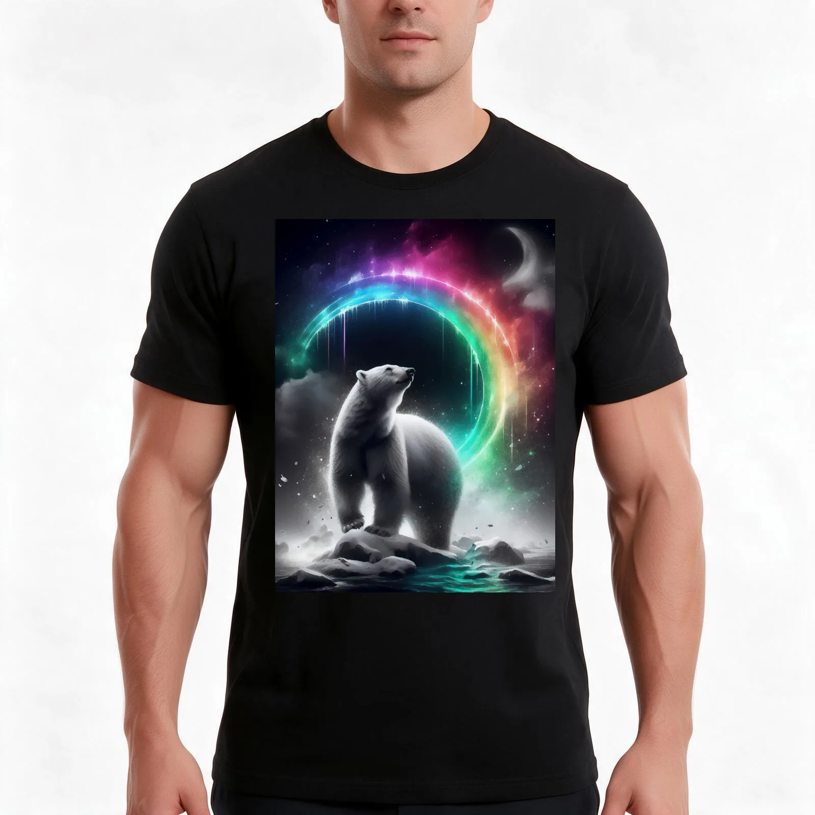 Monochromatic Polar Bear Within Rainbow Color Splash T-Shirt, Summer Casual Cotton Tee, Oversized Streetwear Tops, 100% Cotton