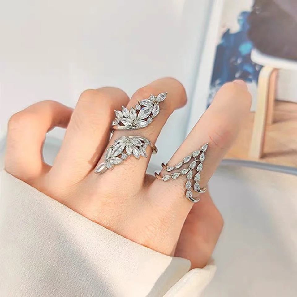 ZAKOL 2 Pcs Fashion AAA Zircon Feather Open Sharp Ring for Women Aesthetic Clear Crystal Engagement Proposal Ring Jewelry Gift